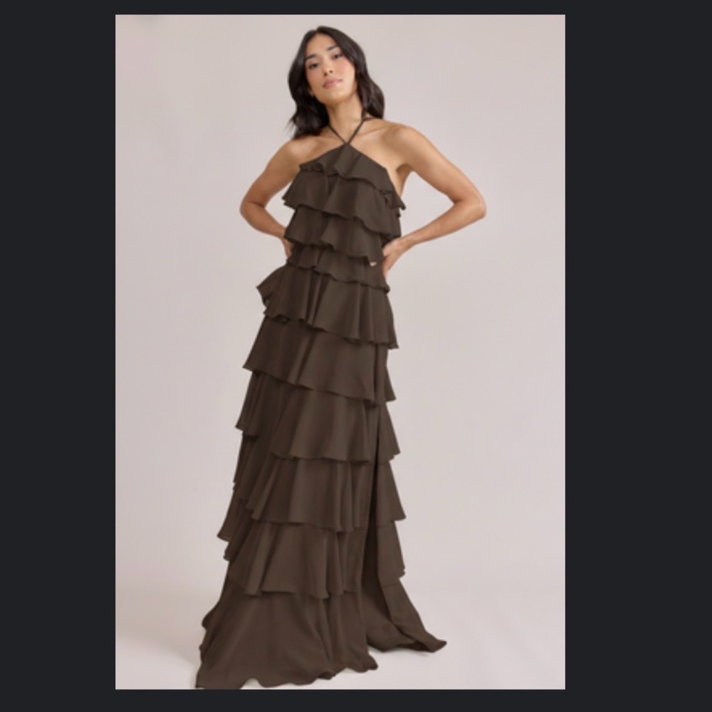Tiered Halter Maxi Dress in Olive Brown